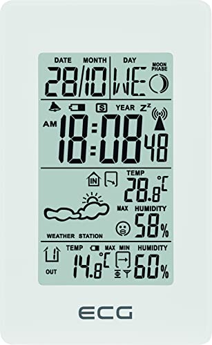 ECG MS 100 Wetterstation mit Funksensor bis 30 Meter Entfernung, Thermometer, Hygrometer, Wettervorhersage für die nächsten 24 Stunden in 4 Modi, Uhrzeit, Wecker, Weiß