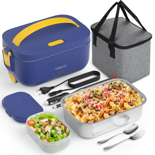 YISSVIC Beheizte Lunchbox 3 in 1 220 V 12 V 24 V Elektrische Heizbox 1,5 l Lunchbox mit abnehmbarer Tasche aus Edelstahl für Haus Büro Auto Picknick (blau)