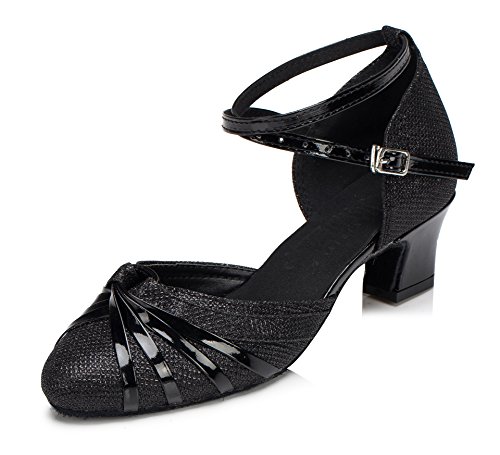 URVIP Neuheiten Frauen's Pailletten Heels Absatzschuhe Moderne Latein-Schuhe mit Knöchelriemen Tanzschuhe LD072 Schwarz 36 EU