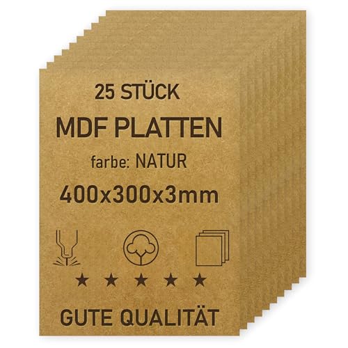 woodmanucom MDF Platten | 400 x 300 x 3 mm | Bastelplatte Dünne Holz-Platten | Perfekt für Laser, CNC Router, Laubsäge, Modellierung (25 Stück natürlich)