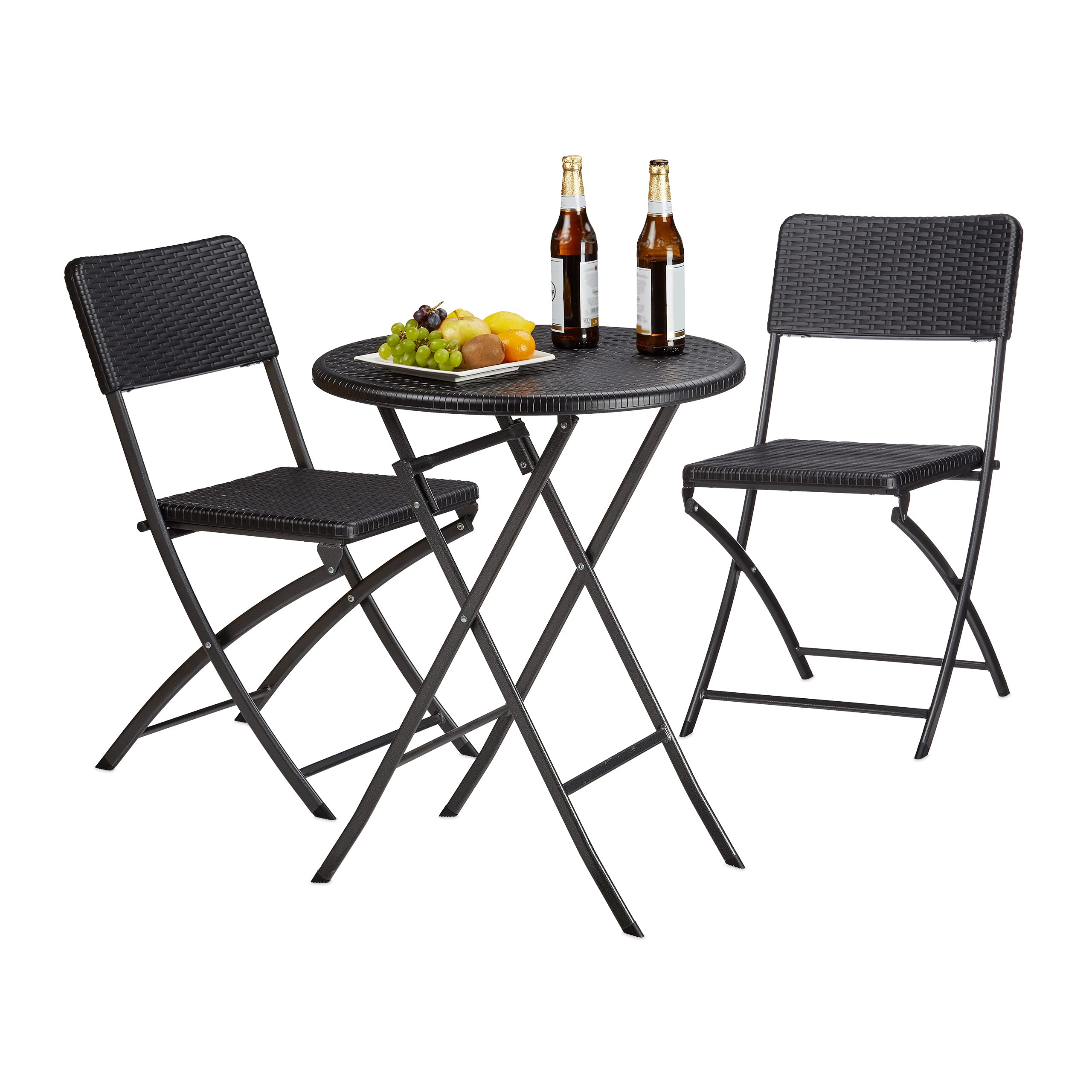 Relaxdays Gartenmöbel Set Bastian, klappbar, 3-teilig, Rattan-Optik, klein, HBT Tisch: 75,5 x 60 x 60 cm, schwarz