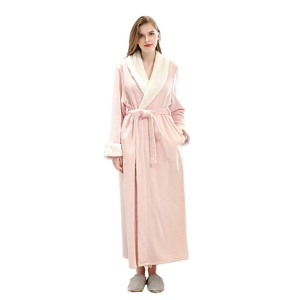 VKTY Flanell-Bademantel, Schalkragen, Fleece, für den Winter, leicht, warm, bequem, langer Kimono, für Erwachsene (Rosa/M)