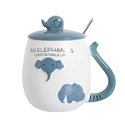 XMYNB Tasse 1 Set Cartoon 3D Blau Elefant Keramik Tasse Tasse mit Deckel Löffel Student Geschenk Kaffee Milch Glas Duft Tee Zuhause Elefanten Schlaf 450 ml