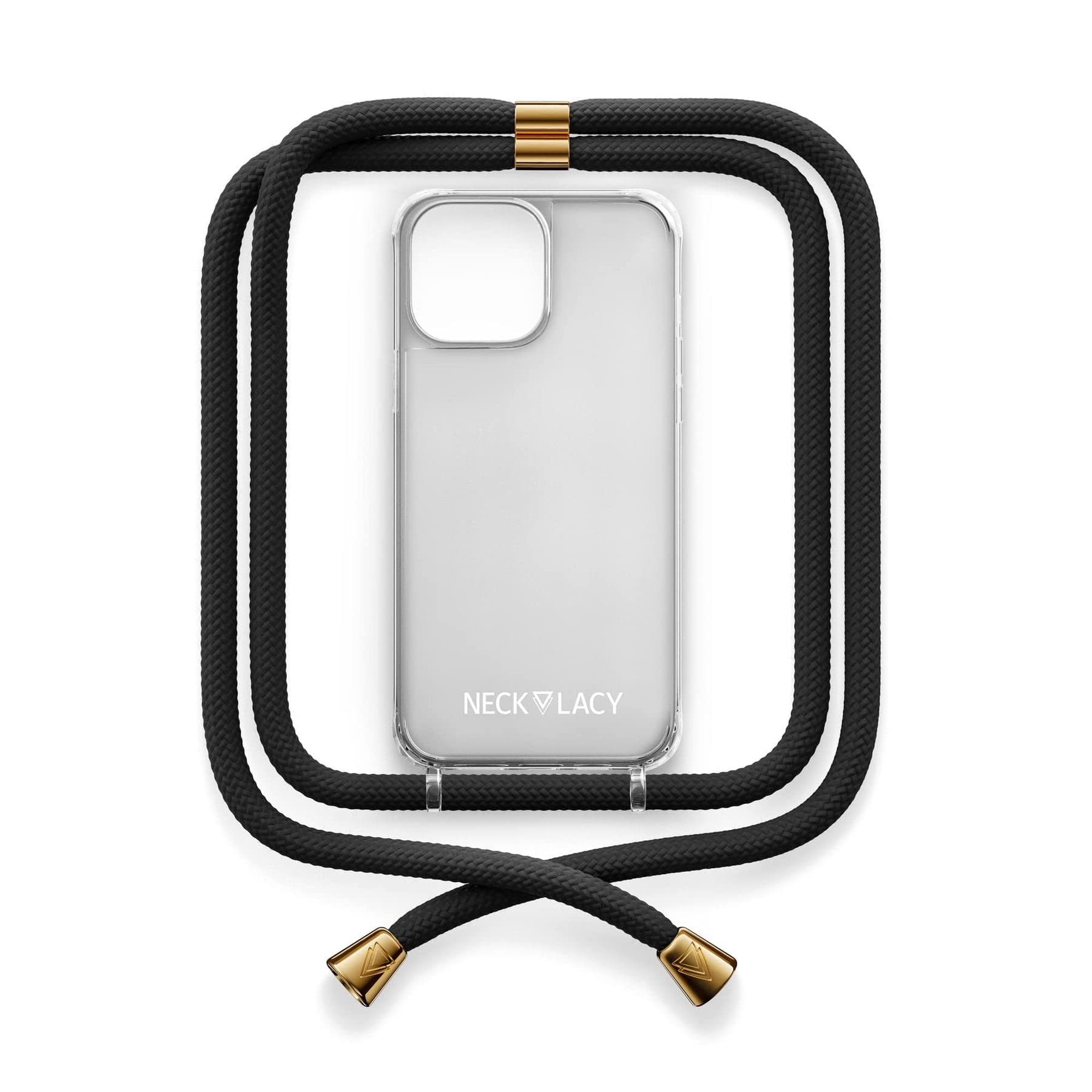 NECKLACY® - Die Premium Handykette für Apple iPhone 14 Pro Max in Elegant Black | transparente Handyhülle mit hochwertiger Kordel zum Umhängen - Smartphone Crossbody Case