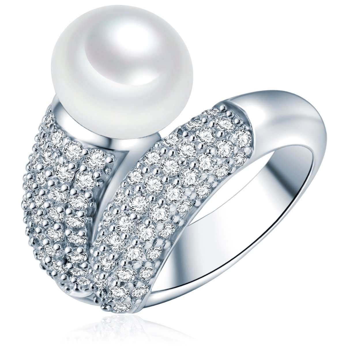Valero Pearls Damen-Ring Hochwertige Süßwasser-Zuchtperlen in ca. 10 mm Button weiß 925 Sterling Silber Zirkonia weiß - Perlenring mit echten Perle weiss 60201416