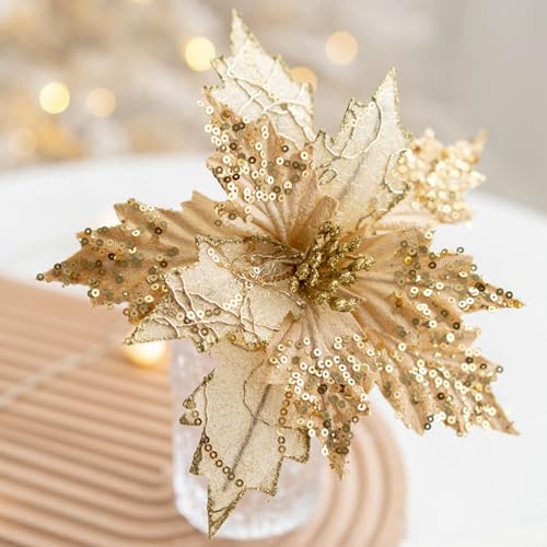 EXQUILEG 10 Stück Weihnachtsblumen Mit Pailletten Künstliche Weihnachtsstern Blumen Weihnachtsbaum Blumenschmuck Ornamente Für Weihnachtsbaum Neujahr Hochzeit(25CM) (Gold)