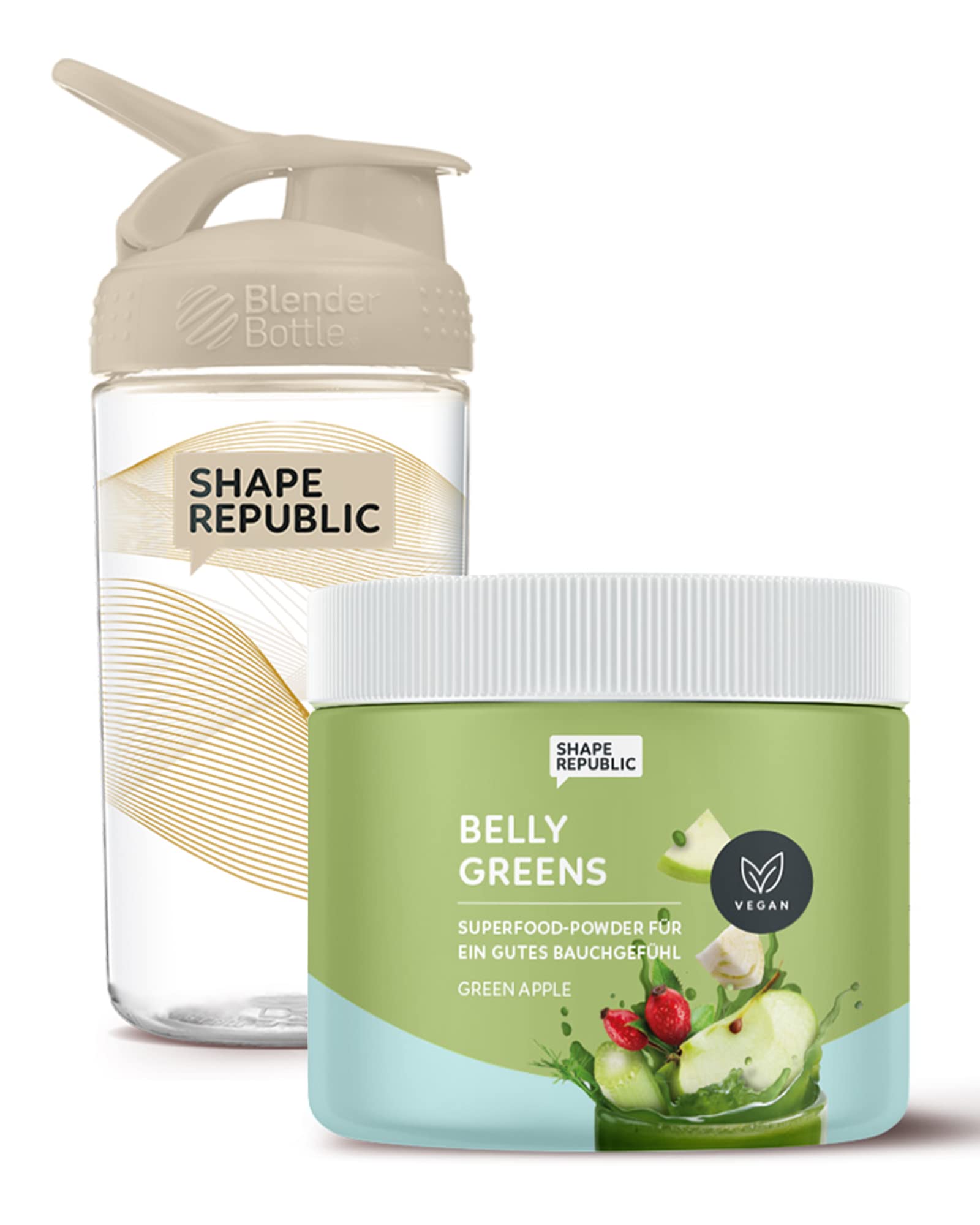 SHAPE REPUBLIC Belly Greens & Blenderbottle | Superfood Mix Vegan | Mit Spirulina & Vitamin D | Unterstützt Verdauung & Immunsystem | Hilft Bei Völlegefühl