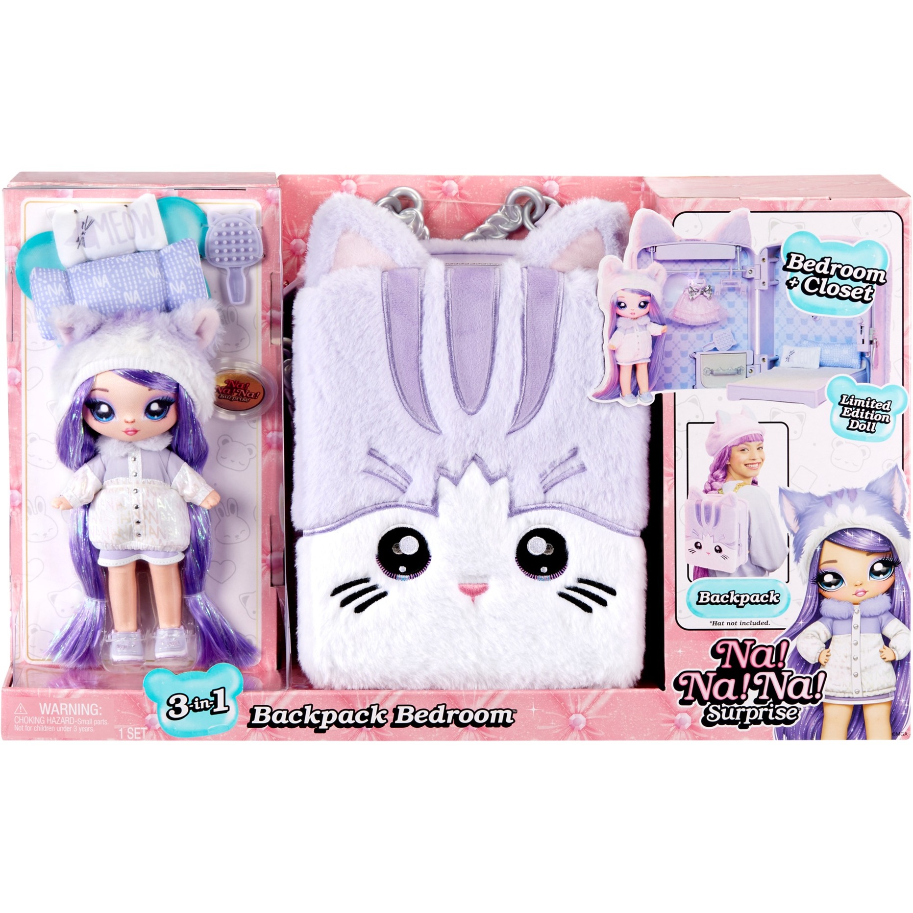 Na! Na! Na! Surprise 585572EUC 3-in-1 Backpack Bedroom Series 3 Playset-Lavender Kitty