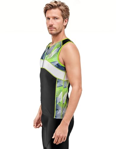 SLS3 Triathlon Herren Top mit Reißverschluss | Trikot | Shirt | Tops | FX Tri Jersey (Black/Green Geo, L)