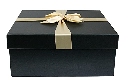Emartbuy Starre Geschenkbox, 26,5 x 26,5 x 11 cm, schwarze Box mit schwarzem Deckel, goldenes Satin-Dekoband und 100 g geschreddertes Papier in schwarz