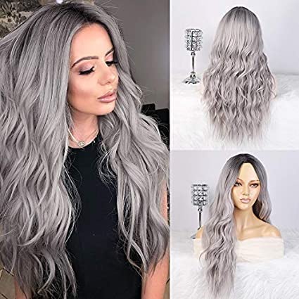 Lange graue Ombré-Perücke für Damen, Silbergrau, Ombré-Schwarz, Wurzeln, langes gewelltes Haar, Kunsthaarperücken für Cosplay