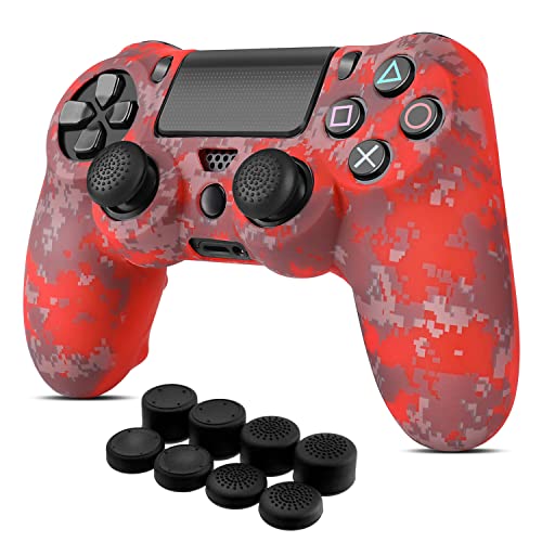 TNP Controller Hülle für PS4, Controller Grip Case für Sony Playstation 4 Wireless Controller, aus Silikon und Gummi, Spielzubehör mit rutschfeste Kappen für PS4 Thumbsticks, Camo Mosaik Rot