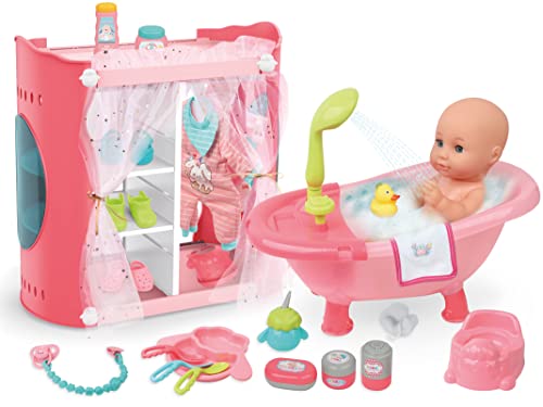 Teorema 67993 - Zubehörset für Badewanne und Kleiderschrank mit Puppe Spielzeug, echte Funktionen, mit Klängen und Lichtern, trinkt und pinkelt.