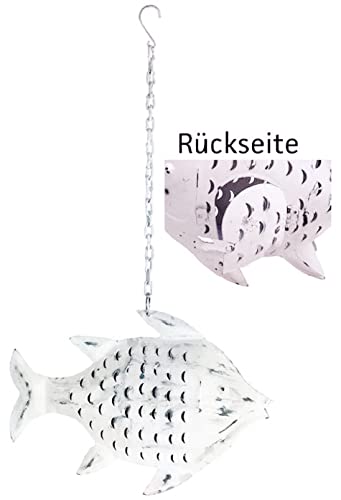 Metallfigur Dekofigur Fisch als Windlicht zum Stellen und hängen in weiß Shabby Optik (weiß mittel)