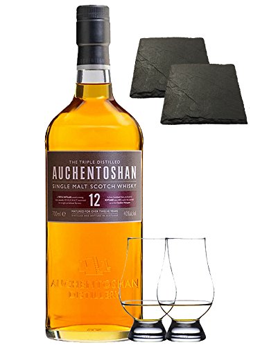 Auchentoshan 12 Jahre Single Malt Whisky 0,7 Liter + 2 Glencairn Gläser + 2 Schieferuntersetzer quadratisch ca. 9,5 cm