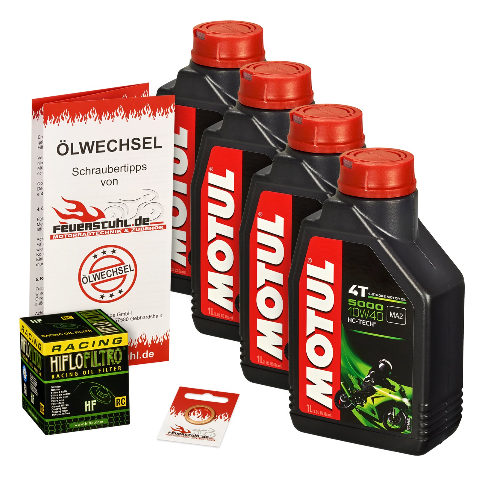 Motul 10W-40 Öl + HiFlo Ölfilter für Kawasaki ZX9R Ninja 94-01 ZX900B ZX900C ZX900E - Ölwechselset inkl. Motoröl, Racing Filter, Dichtring