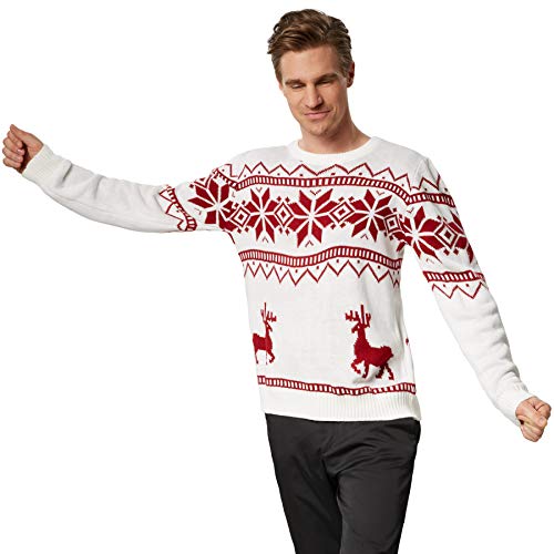 dressforfun 900833 Männer Weihnachtspullover, Strickpullover mit Rentieren und Schneeflocken, weiß rot - Diverse Größen - (XXL | Nr. 303374)