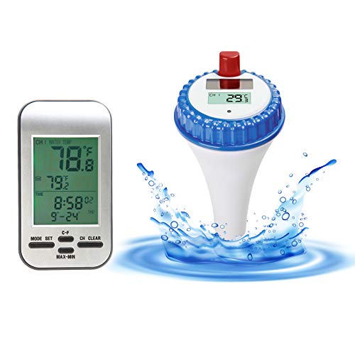 AMTAST Kabelloses Solar-Schwimmbad-Thermometer mit Kalender-Wecker für Außen-Schwimmbäder, Spas, Whirlpools, Teiche Digitaler schwimmender Temperaturmesser WT0224