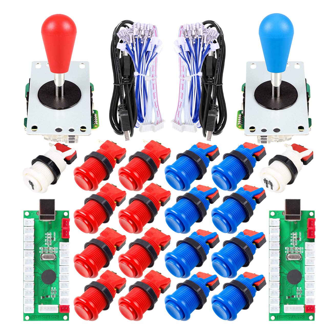 EG STARTS 2 Spieler Arcade Joystick DIY-Teile 2X USB Encoder + 2X Ellipse Oval Joystick Griff + 18x American Style Arcade Buttons für PC, MAME, Raspberry Pi, Windows-System (Rot & blau)