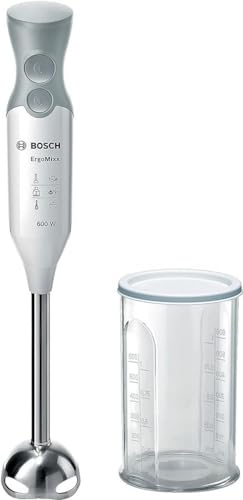 Bosch MSM66110 ErgoMixx Stabmixer (600 W, mit Zubehör, Edelstahl-Mixfuß, spülmaschinengeeignet, Turbo-Taste, QuattroBlade, mit Mixbecher) weiß/grau