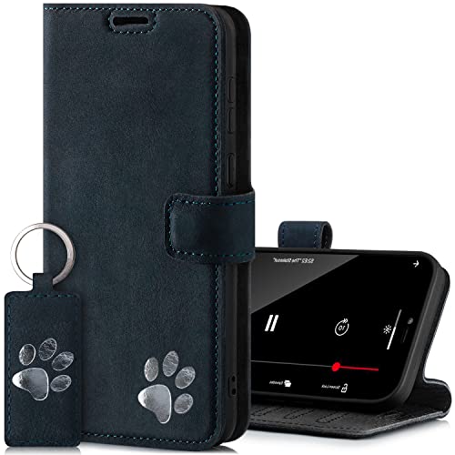 SURAZO Handyhülle für Xiaomi Poco X3 Pro NFC – Premium Echtleder Hülle mit Pfote Motiv – Wildleder Klapphülle mit Standfunktion, Kartenfach und Schlüsselring - Handmade RFID Schutzhülle (Marineblau)