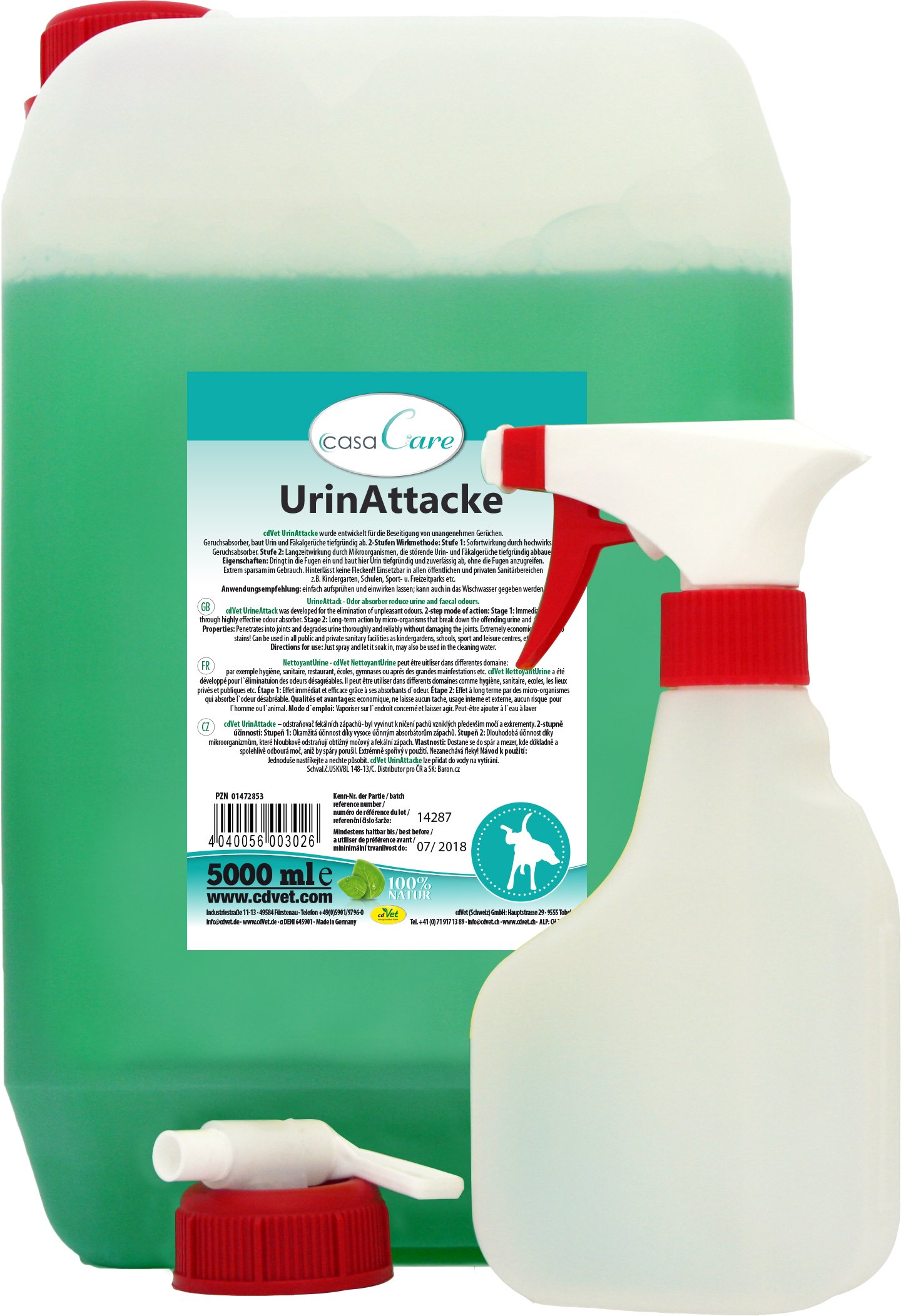 cdVet Naturprodukte casaCare UrinAttacke Sprühflasche Kanister m. Sprühfl. 5 Liter - Hund, Katze - bei Urin + Kotgestank - Geruch - unbedenklicher Gebrauch - präventiv + behandelnd + sparsam -