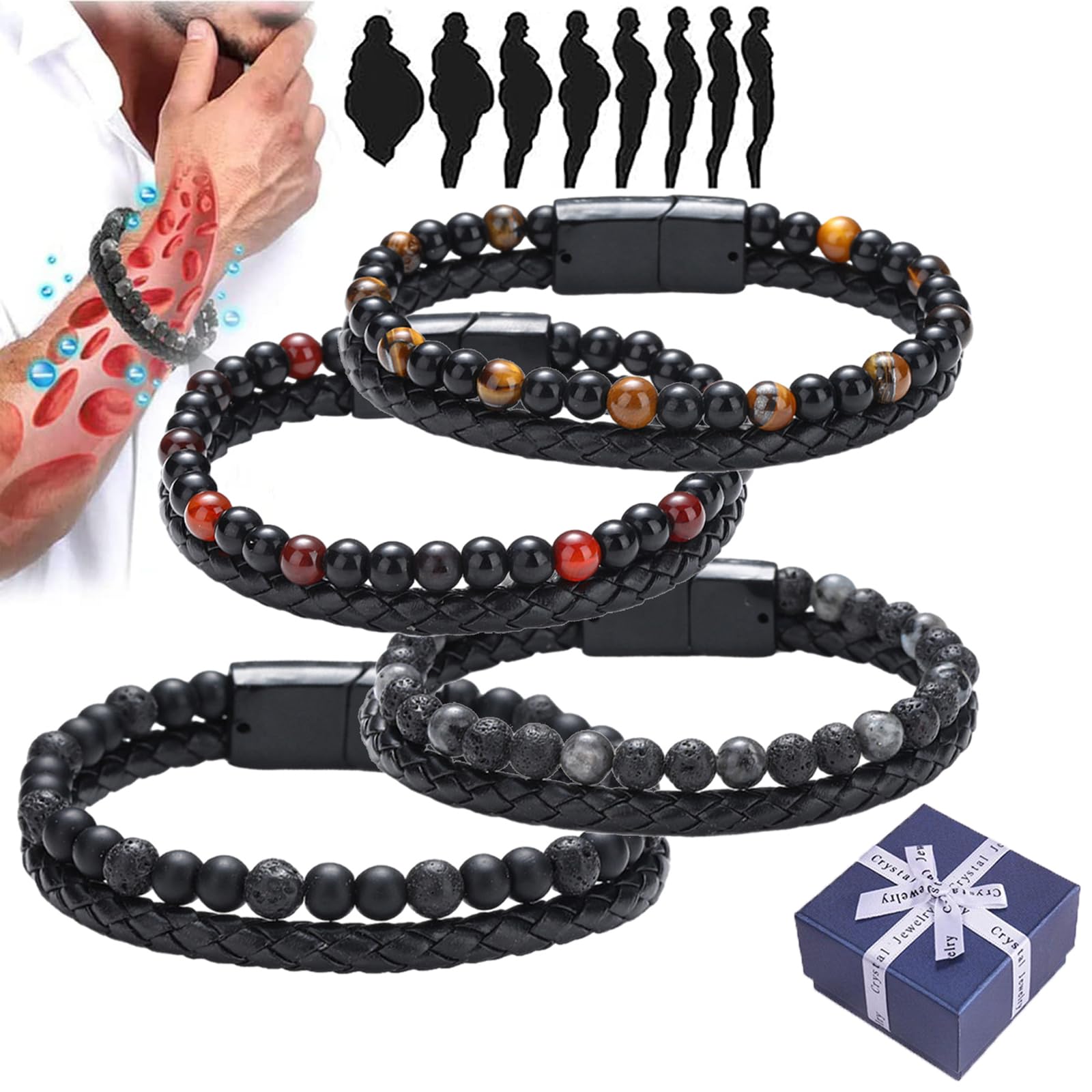 GFOUK Herren-Magnetfelder-Schlankheitsarmband, Humanic+ Pro MAXHematie-Perlenarmbänder, Lymph-Detox-Tigerauge-Lavagestein-Hämatit-Armband (MIX,20cm)