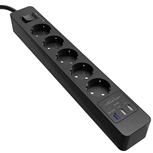 KabelDirekt – 5-Fach-Steckdosenleiste & Mehrfachsteckdose (USB, Quick Charge 3.0, Schnellladegerät, lädt geräteabhängig bis zu 3× schneller, Überspannungs-/Berührungsschutz, TÜV-geprüft, schwarz)