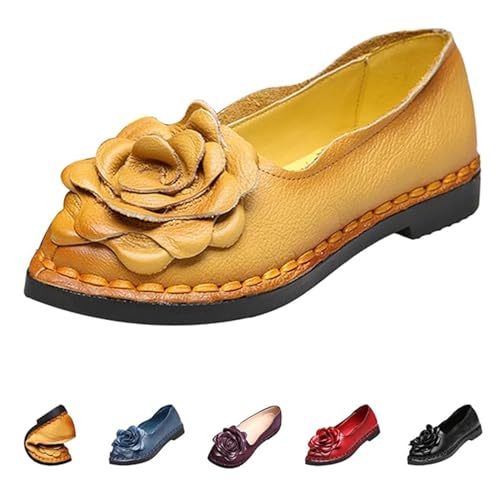 Frauen Casual Ballett Flache Schuhe Vintage Handgemachte Folk Leder Blume Weichen Boden Mode Casual Dating Flache Loafer (Color : Yellow, Size : 40)