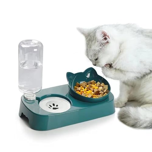 Süßes Futternapf und Wassernapf Set für Katzen. Neigbarer, erhöhter Katzenfutternapf für Hauskatzen, automatischer Trinkwassernapf für Katzen. Abnehmbarer, erhöhter Katzennapfständer. (Grün)