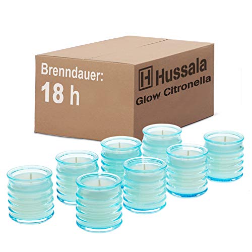 Hussala Glow Citronella Outdoorkerze Glas (blau) - Brennzeit 18 h [16 Stück]