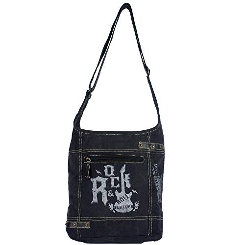 Sunsa Damen Hobo Tasche/Umhängetasche, aus Canvas. Nachhaltige Produkte, Groß Stoff Crossbody Bag, schwarze Schultertasche mit ROCK druck, Geschenkideen für Frauen/Mädchen