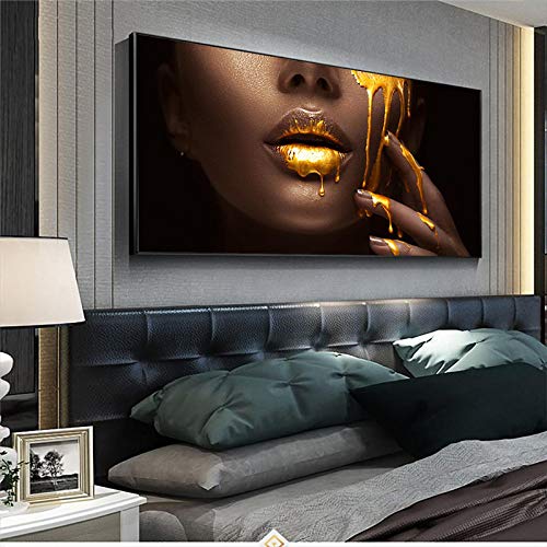 PYROJEWEL Große Größe Golden Sexy Lips Afrikanische Schwarze Frau Bild Leinwand Gemälde Wandbild Poster Modern Home Decor Wandbild 80x160cm Rahmenlos