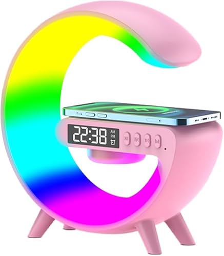 Kabellose Lautsprecher-Ladegerät-Tischlampe mit Wecker-Ladefunktion, Nachttischlampe, Atmosphärenlampe for Wohnzimmer, Schlafzimmer/1004 (Color : Pink)