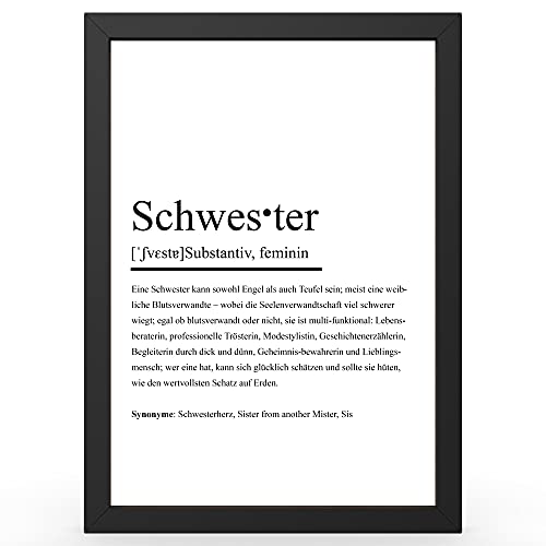 Urhome DIN A3 Kunstdruck Definition Schwester inkl. Rahmen Schwarz - Worterklärung wie im Duden Lexikon als Wanddeko Spruch-Poster Deko Wandbild mit Spruch gerahmt für Wohnung Familie Geschenk