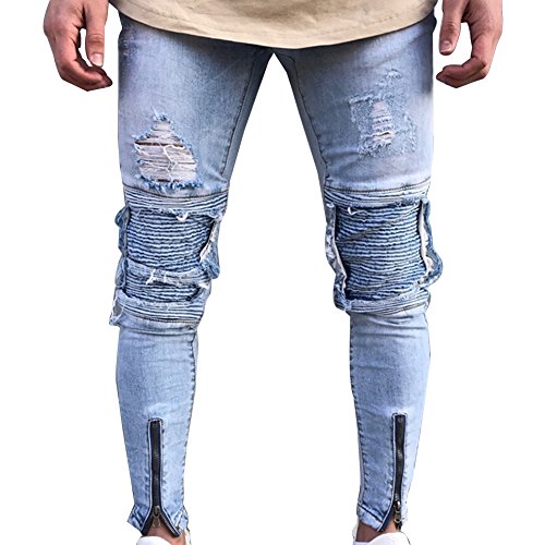 Gladiolus Herren Denim Hose Biker Destroyed Casual Lochjeans Schlank Reißverschlussdekoration Ripped Jeanshose Blau 32