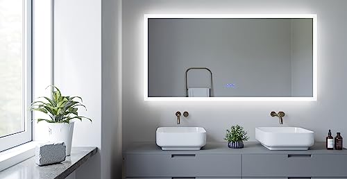 AQUABATOS 140x70 cm Badspiegel mit Beleuchtung Badezimmerspiegel LED Lichtspiegel Wandspiegel Energiesparend. Touch-Schalter Dimmbar, Kaltweiß 6400K, Warmweiß 3000K, Spiegelheizung, IP44, CE
