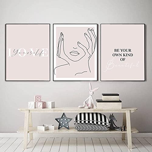 Wunderschönes Bild, 3-teilig, 40 x 60 cm, ohne Rahmen, minimalistisches Poster mit Frauengesichtzeichnung, Wandzeichnung, Zitat "Love Yourself"