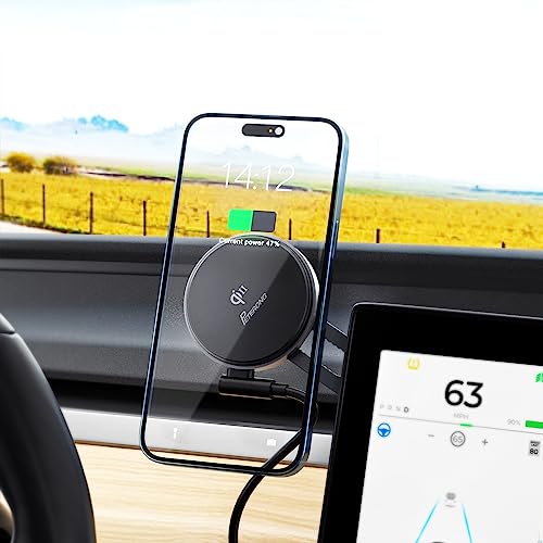 PETERONG Qi2 Kabelloses Kfz-Ladegerät-Halter, kompatibel mit MagSafe für Tesla Model 3/Y, 15 W, Schnellladung, KFZ-Handyhalterung, faltbarer, unsichtbarer Ständer, klebriger Klebstoff, 360° für iPhone