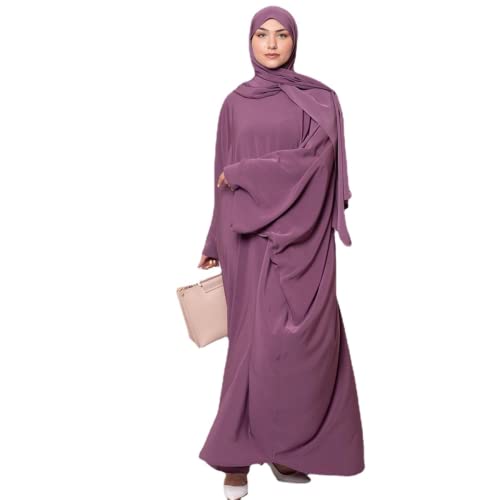 RUIG Damen Kleid Muslimische Gebet Abaya Islamische Robe Maxi Afrikanischer Kaftan Türkei Islam Dubai Türkei Kleid in voller Länge mit Hijab, Lila mit Hijab, Einheitsgröße