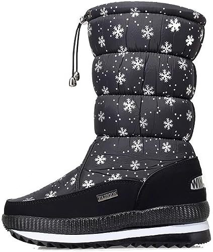 Solshine Damen Nylon Langschaft mit Fell Warm Gefütterte Wasserdicht Schneestiefel Schwarz 36EU