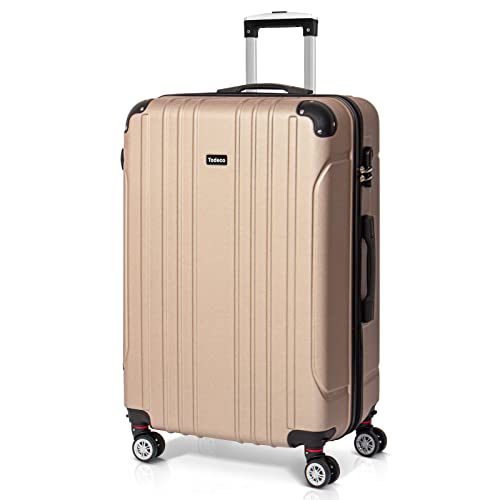 Todeco Großer Koffer Trolley 78cm, Zwillingsrollen Reisekoffer Koffer Trolleys, 4 Rollen Leicht Hartschale aus ABS Aufgabegepäck, 78x51x28cm, 90 Liter, Champagner