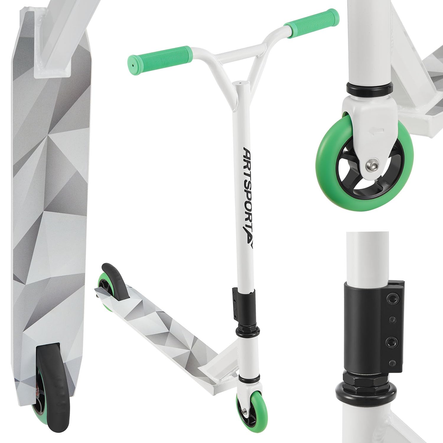 ArtSport Stunt Scooter Futuristic - Trick Roller für Kinder & Jugendliche - 360° Lenker, 100 mm Alu Räder - Kinderroller Weiß Grau Mintgrün