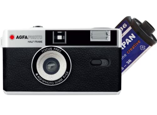 AgfaPhoto analoge 35mm 1/2 Format Foto Kamera Black im Set mit Color Negativ Film + Batterie