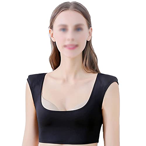 GOOBIX Frauen Weiches Schulterpolster Artefakt Weste Atmungsaktive Tops 2 in 1 Eingebautes Schulterpolster T-Shirt Kurz,Black2-L