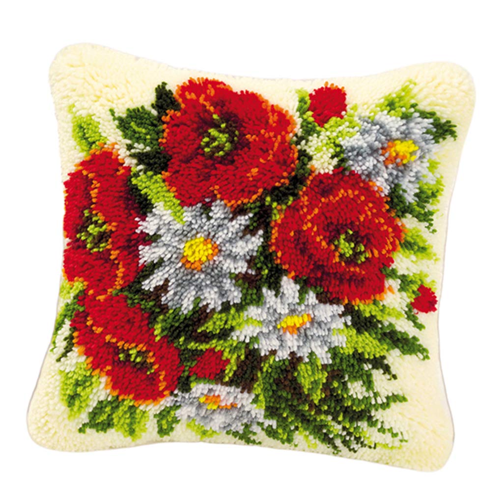 P Prettyia DIY Kreuzstichkissen, Knüpfkissen Kissen zum Selber Knüpfen Kissen Knüpfpackung Sofakissen - Blumen Muster - Blume 1