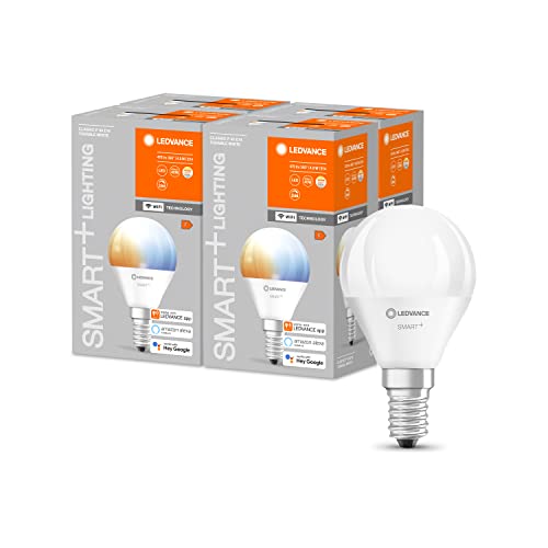 LEDVANCE Smarte LED-Lampe mit WiFi Technologie, Sockel E14, Dimmbar, Lichtfarbe änderbar (2700-6500K), ersetzt Glühlampen mit 40 W, SMART+ WiFi Mini Bulb Tunable White, 4er-Pack