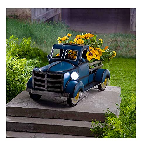 Retro-Stil Solar Pickup Truck Garten Dekoration,Desktop dekorative Blumentopf, Lagerung kleiner LKW Blumentopf Pflanzer, Pflanzentöpfe Vintage Metall LKW Pflanzer Pflanzer LKW Ladefläche (B)