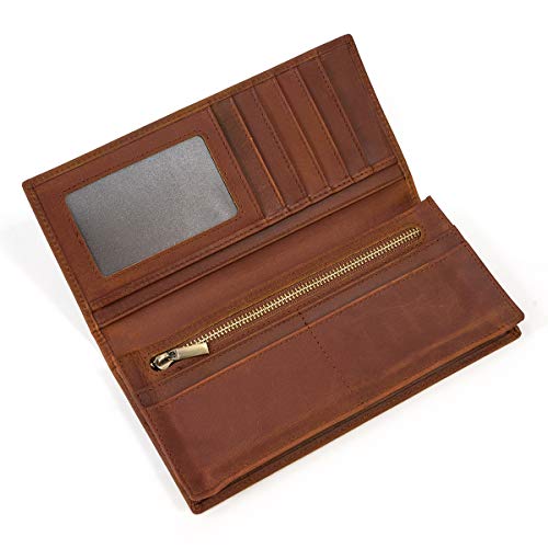 Echtes Leder Lange Brieftasche mit Reißverschluss Tasche Vintage Bifold Scheckheft Geldbörse (Brown 3)