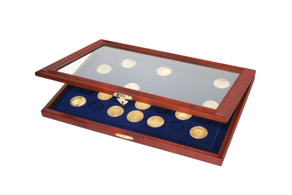 SAFE 5909 Holz Münzkasette für Münzen 35 mm | Münzkassette 35 Fächer Königsblaue Samteinlage | Für Münzen in Münzkapseln Innendurchmesser 27-27,5-28 - 29 mm | Abmessungen: 375x260x30 mm